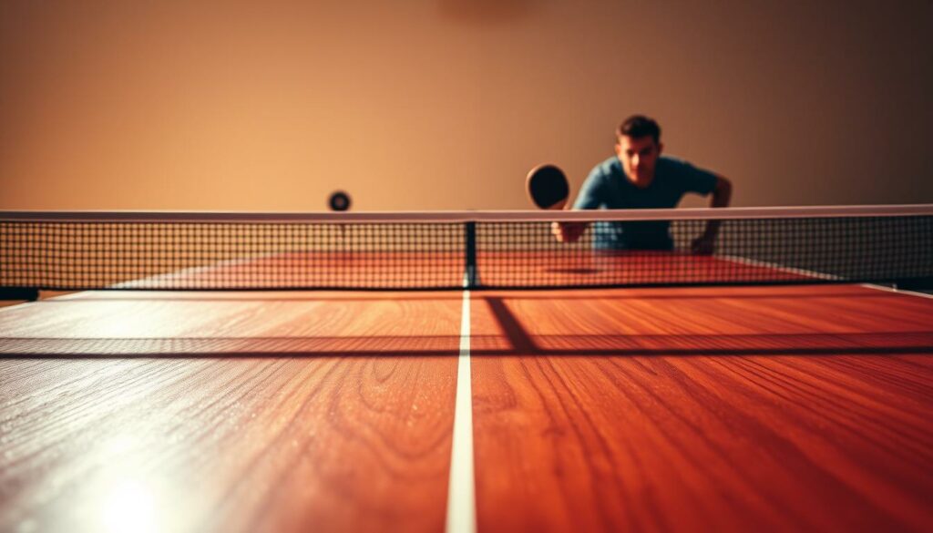 A brightly lit table tennis court, the net casting a bold shadow across the polished wooden surface. In the foreground, a pair of players engaged in a decisive rally, rackets poised with intense focus. The middle ground captures the drama of the game, with the players' movements frozen in time, their expressions conveying the high stakes. The background fades into a soft, neutral tone, placing the emphasis on the players and the table tennis table itself. Dramatic side lighting accentuates the textures and highlights the players' intensity, creating a sense of urgency and anticipation. The overall mood is one of competitive spirit and the thrill of a high-stakes tiebreaker match.