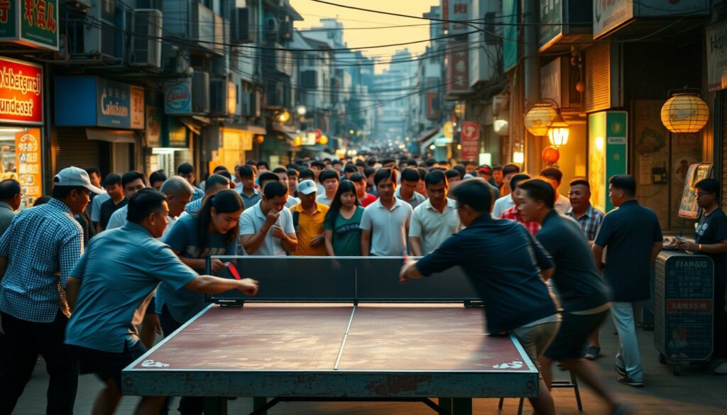 A bustling Asian street scene, with a lively game of table tennis taking place in the foreground. Players of diverse backgrounds face off on a weathered outdoor table, their rapid movements captured in a blur of motion. In the middle ground, onlookers gather, engrossed in the match, creating an atmosphere of friendly competition. The background is filled with the vibrant colors and textures of an Asian cityscape, hinting at the widespread popularity of this sport across the continent. The scene is illuminated by the warm glow of sunset, casting a golden hue over the entire composition and evoking a sense of timelessness. The overall mood is one of energy, community, and the enduring cultural significance of table tennis in Asia.