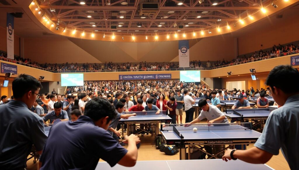 A bustling table tennis tournament unfolds in a state-of-the-art sports arena, bathed in warm, golden lighting. In the foreground, players in crisp uniforms engage in intense rallies, their faces etched with fierce concentration as they masterfully return the small, white ball. The middle ground is a whirl of spectators, their eyes glued to the action, creating an electric atmosphere. In the background, towering banners and signage showcase the event's prestige, hinting at the global scale of these international competitions. The scene captures the thrill and spectacle of high-level table tennis, a testament to the sport's rich tradition and dedicated community.