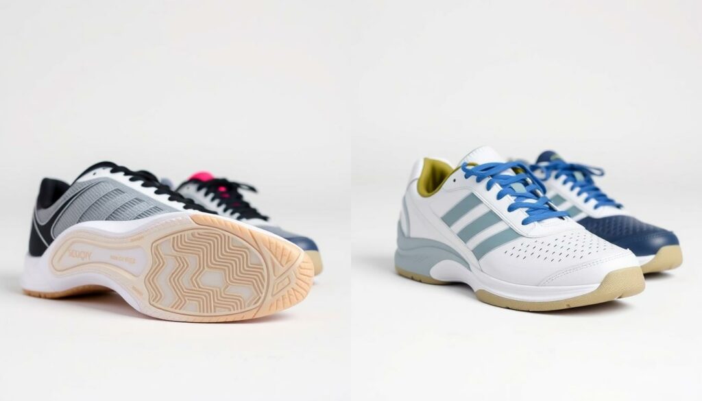 A detailed side-by-side comparison of a pair of table tennis shoes and a pair of indoor court shoes, captured in a clean, well-lit studio environment. The table tennis shoes have a flexible, lightweight sole with herringbone traction pattern, contrasted by the thicker, more rigid sole of the indoor court shoes. Both pairs are viewed from multiple angles, showcasing their distinct design features and construction. The image conveys the key differences in function and performance between these specialized athletic footwear options.