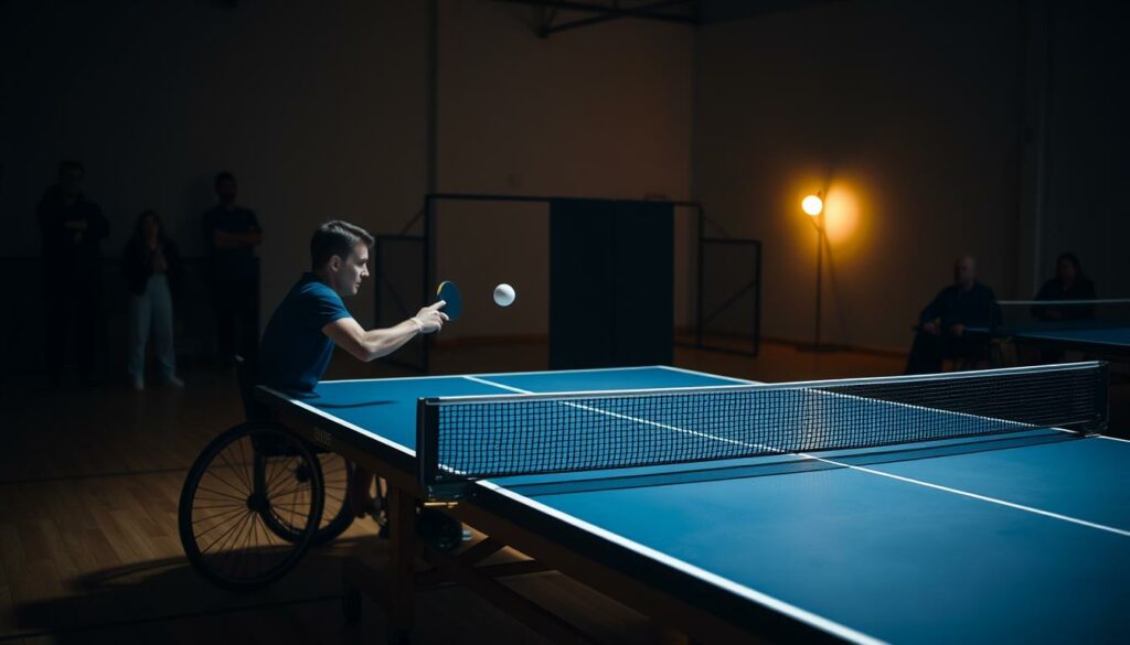 A dimly lit table tennis court with a player in a wheelchair positioned at one end, carefully maneuvering the ball across the net. The court is illuminated by soft, diffused lighting, creating a warm and inviting atmosphere. The player's movements are graceful and precise, showcasing their mastery of the game despite their physical limitations. The net is slightly lowered to accommodate the player's wheelchair, and the table surface has been modified with textured surfaces to provide better grip and control. In the background, a few supportive spectators watch intently, their expressions a mix of admiration and encouragement. The scene conveys a sense of inclusivity, where disabled athletes are given the opportunity to compete and excel in the sport they love.