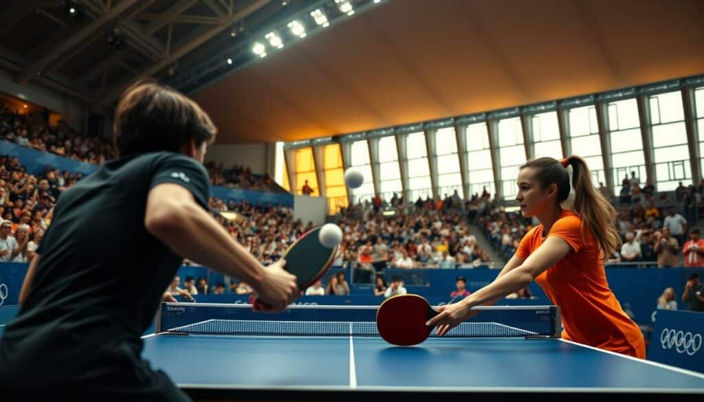 A dynamic mixed doubles table tennis competition at the Olympic games, captured in an evocative wide-angle shot. In the foreground, two players, a man and a woman, engage in an intense rally, their bodies frozen in fluid motion as they deftly return the ball. The middle ground reveals the spectators, a sea of cheering fans, their faces alight with excitement. In the background, the grandstand and arena architecture provide a bold, modern backdrop, illuminated by the warm glow of overhead lighting. The scene exudes a sense of energy, athleticism, and the thrill of international competition.