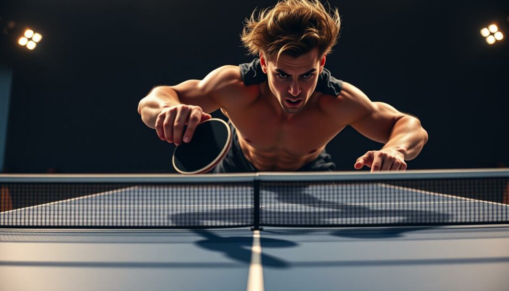 A dynamic table tennis player exhibits intense physicality, their muscles straining as they launch into a powerful forehand shot. The camera captures the moment from a low angle, emphasizing the player's explosive movement and the table's angular planes. Dramatic lighting casts dramatic shadows, conveying the sport's kinetic energy and competitive spirit. The background is blurred, keeping the focus on the player's intense, laser-like focus. An evocative scene that visually encapsulates the physical demands of table tennis.