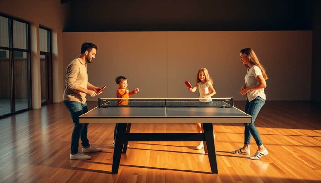 A family of four engaged in a lively game of table tennis on a well-lit, hardwood court. The parents and their two children, a boy and a girl, stand around the table, their expressions filled with focused determination and joyful camaraderie. The scene is bathed in warm, golden light, creating a cozy, inviting atmosphere. The table is set against a backdrop of a minimalist, modern interior, with large windows allowing natural light to flood the space. The overall composition emphasizes the inclusive, multi-generational nature of this family sport, capturing the spirit of togetherness and active lifestyle.