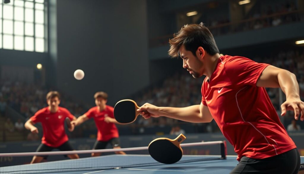 A group of skilled table tennis players captured mid-action, their powerful strokes and focused expressions conveying the intensity of Olympic competition. The foreground features an athlete in a red uniform launching a spinning, high-arcing shot over the net, their muscular form frozen in a moment of athletic grace. In the middle ground, two other players in contrasting uniforms engage in a heated rally, their paddles a blur as they return rapid-fire shots. The background depicts a spectator-filled stadium with cheering crowds, the lighting casting dramatic shadows and highlights that heighten the dramatic atmosphere of the scene. The overall composition evokes the spirit of Olympic table tennis, showcasing the physical prowess, determination and skill of the world's top players.