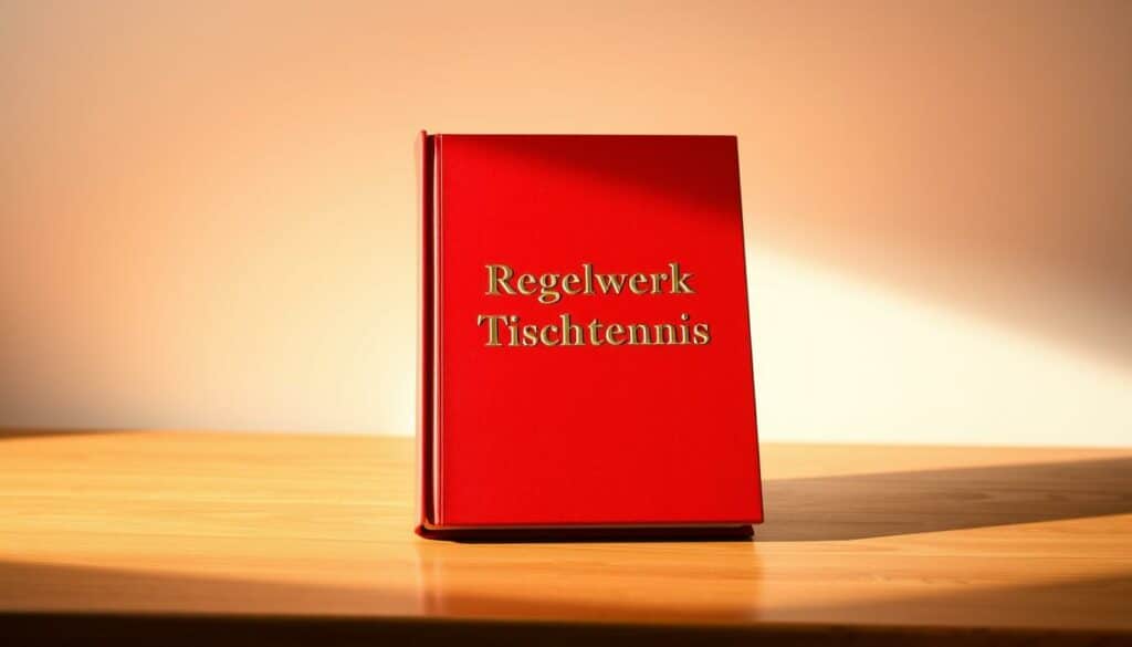 A hardbound book with a red cover, the title "Regelwerk Tischtennis" embossed in gold lettering. The book is placed on a wooden table, illuminated by soft, warm light from an unseen source. The table is set against a plain, neutral background, allowing the book to be the focal point. The lighting creates subtle shadows and highlights the book's texture and materiality. The overall composition conveys a sense of authority, professionalism, and the importance of the official table tennis rules contained within the volume.