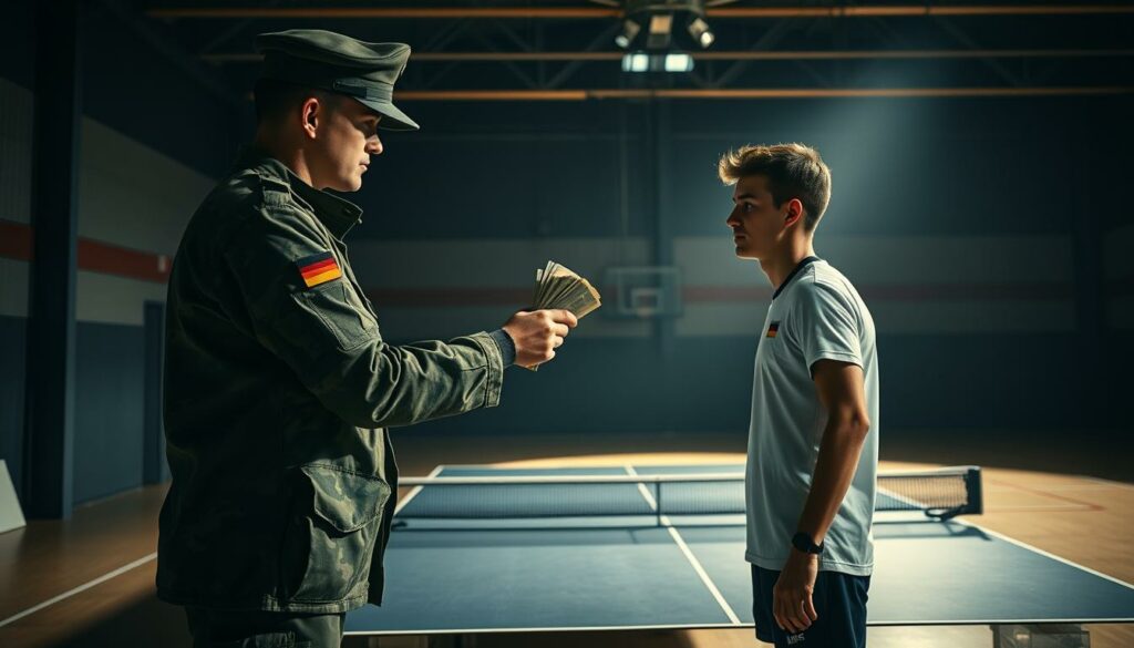 A high-contrast, cinematic scene of a Bundeswehr soldier providing financial assistance to a young, determined table tennis player. The soldier, in full military uniform, hands over a stack of bills to the athlete, who stands with a look of gratitude and determination. The background is a dimly lit, industrial-style gymnasium, with the distinct markings of a table tennis court in the foreground. Dramatic side lighting casts dramatic shadows, adding to the sense of importance and seriousness of the transaction. The overall atmosphere conveys the vital role that government funding plays in supporting the dreams and aspirations of elite athletes.