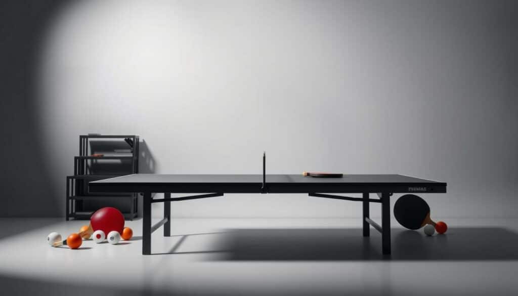 A high-contrast, studio-lit tabletop scene depicting a frequently asked questions (FAQ) concept for table tennis scoring. In the foreground, an elegant but functional table tennis table is positioned, slightly angled to the viewer. Various table tennis balls and paddles are arranged around the table's edges, suggesting the game in progress. The middle ground features a clean, minimalist backdrop, with soft gray or white tones that allow the table and equipment to stand out. The lighting is carefully balanced, creating dramatic shadows and highlights that emphasize the three-dimensional nature of the objects. The overall atmosphere is one of simplicity, clarity, and a touch of modernist design, reflecting the informative and educational nature of the FAQ content.
