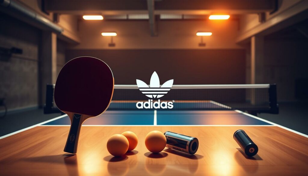 A high-quality, photorealistic image of the adidas Tischtennis table tennis equipment and apparel. In the foreground, a set of professional-grade table tennis paddles, balls, and a net adorned with the iconic adidas trefoil logo, all bathed in warm, directional lighting that accentuates the sleek, modern design. In the middle ground, a regulation-size table tennis table with a pristine, polished wood surface, set against a minimalist, industrial-style background of concrete walls and exposed ceiling beams. The overall mood is one of premium quality, heritage, and a passion for the sport, capturing the essence of adidas' legacy in the world of table tennis.