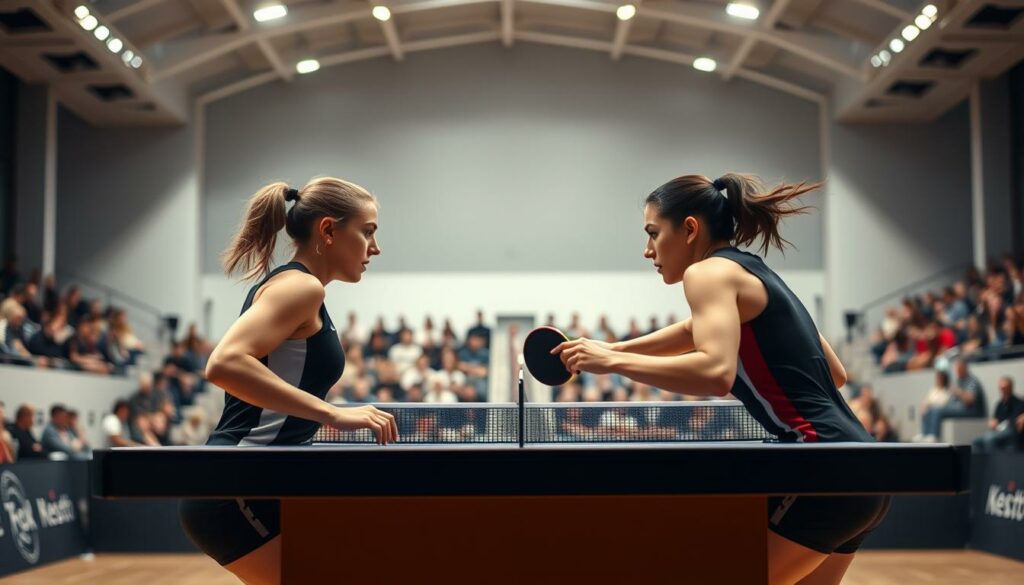 A high-quality table tennis match in a well-lit indoor sports hall. In the foreground, two female players in athletic gear engage in a intense rally, their expressions focused and determined. The middle ground features spectators in the stands, their silhouettes creating a sense of energy and anticipation. In the background, the court is framed by the arena's architecture, with clean lines and neutral colors setting a professional, competitive atmosphere. Dramatic side lighting casts dynamic shadows, highlighting the players' movements and creating a sense of dynamism. The scene conveys the thrill and intensity of top-level women's table tennis in the German Bundesliga North and South divisions.