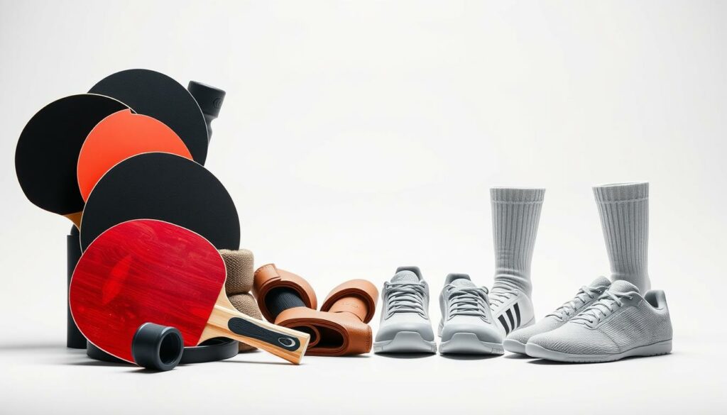 A highly detailed, realistic image of defensive table tennis equipment and gear, shot with a DSLR camera against a plain white background. The foreground features a variety of defensive table tennis rubbers, bats, and protective equipment such as wrist guards, elbow pads, and knee pads, artfully arranged in a dynamic, eye-catching composition. The middle ground showcases a selection of high-quality defensive table tennis shoes and socks in neutral colors. The background is clean and uncluttered, allowing the focus to remain on the specialized defensive equipment. The lighting is soft and even, creating a professional, technical aesthetic that highlights the materials and textures of the items. The overall mood is one of purposeful functionality, reflecting the needs of the defensive table tennis player.