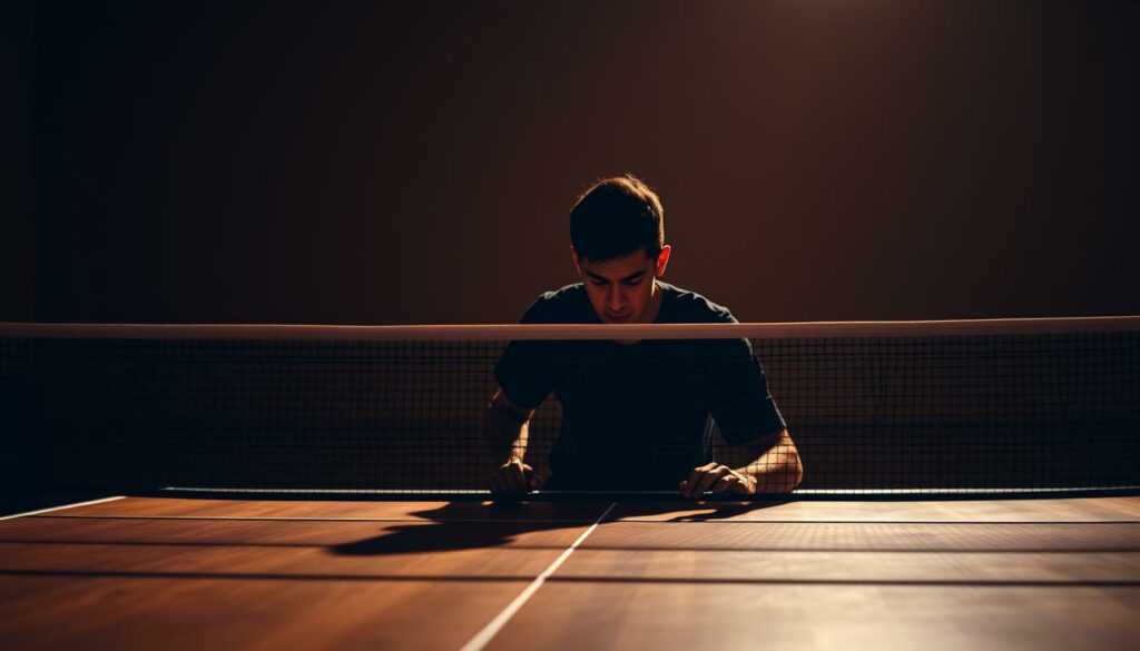 A serene, dimly lit table tennis court set against a backdrop of warm, earthy tones. In the foreground, a focused player engages in deep mental training, visualizing each shot, their brow furrowed in concentration. Soft shadows elongate across the polished wooden floor, creating a contemplative atmosphere. The court's net casts a delicate geometric pattern, symbolizing the strategic nature of the game. Diffused lighting gently illuminates the scene, fostering a sense of introspection and inner focus. The player's pose exudes control and discipline, emblematic of the mental mastery required to excel at table tennis.
