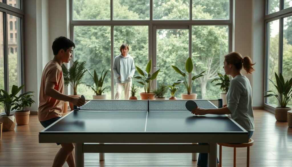A serene table tennis game set in a tranquil, light-filled indoor space. The foreground features two players engaged in a lively match, their movements fluid and focused. Soft, diffused lighting casts a calming glow, highlighting the concentration on their faces. In the middle ground, the table is surrounded by potted plants and minimal, natural-toned furnishings, creating a soothing, meditative atmosphere. The background incorporates large windows overlooking a verdant outdoor scene, blending the indoor and outdoor environments. An overall sense of mindfulness, balance, and mental well-being permeates the image.
