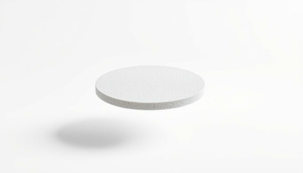 A sleek, thin table tennis sponge floats against a crisp white background, casting a subtle shadow beneath. The sponge's surface shimmers with a slight metallic sheen, hinting at its responsive, lightweight properties. The composition is centered, drawing the viewer's eye to the sponge's elegant, streamlined form. Soft, directional lighting from the left illuminates the sponge's texture, revealing its porous, cushioned structure. The overall mood is minimalist and modern, emphasizing the sponge's technical advantages in a clean, visually striking manner.
