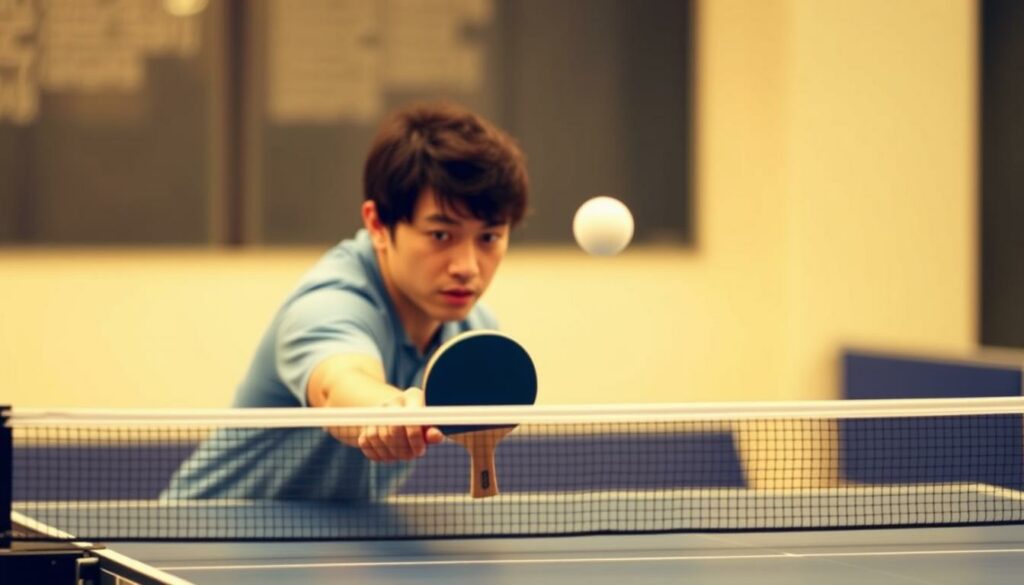 A table tennis player expertly executing a serve, the ball arcing gracefully over the net in a well-timed motion. The scene is captured in a soft, warm lighting, with a blurred background suggesting a practice or training setting. The player's form is focused and deliberate, their technique refined through hours of practice. The image conveys a sense of mastery and the importance of proper technique for a successful serve in the sport of table tennis.