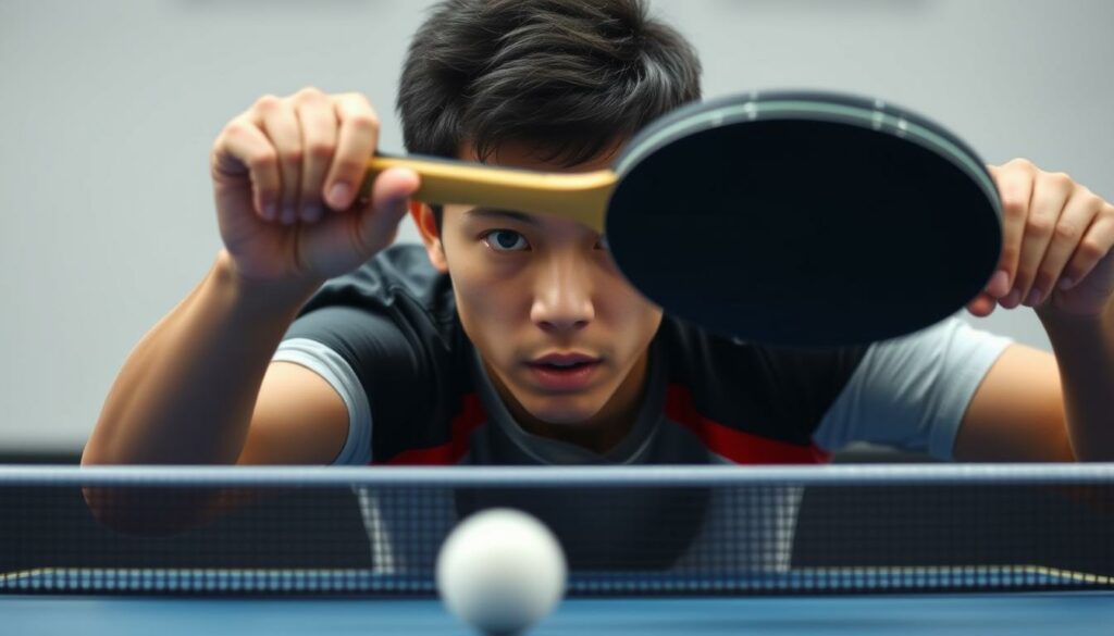 A table tennis player, poised mid-serve, their racket suspended in the air, creating an unexpected moment of tension and anticipation. The player's expression is one of focus and determination, as they prepare to deliver a surprise shot that will catch their opponent off guard. The image is captured from an angle that emphasizes the player's athleticism and the dynamic motion of the serve, with a blurred background that keeps the attention on the crucial moment of the action. The lighting is soft and diffused, lending a sense of drama and intensity to the scene.