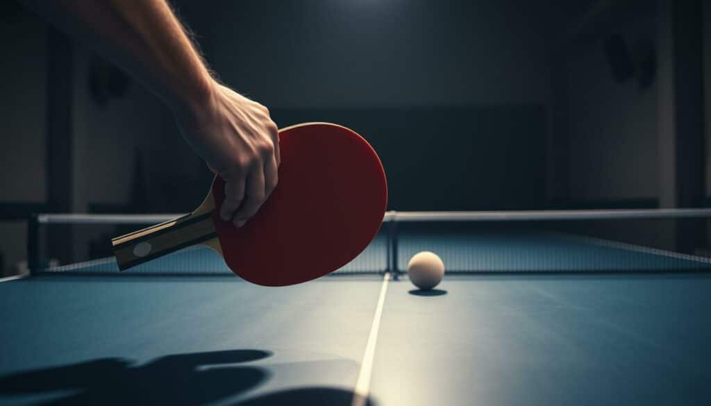 A table tennis player's hand slipping on the racket during the serve, causing the ball to veer off course. The foreground captures the player's frustrated expression as the ball bounces awkwardly on the table. The middle ground shows the table's smooth, polished surface and the net bisecting the frame. The background is a dimly lit table tennis hall, with shadows casting a somber mood. Soft, diffused lighting illuminates the scene, creating depth and drama. The image conveys the tension and disappointment of a service fault, a common yet discouraging moment in the game.