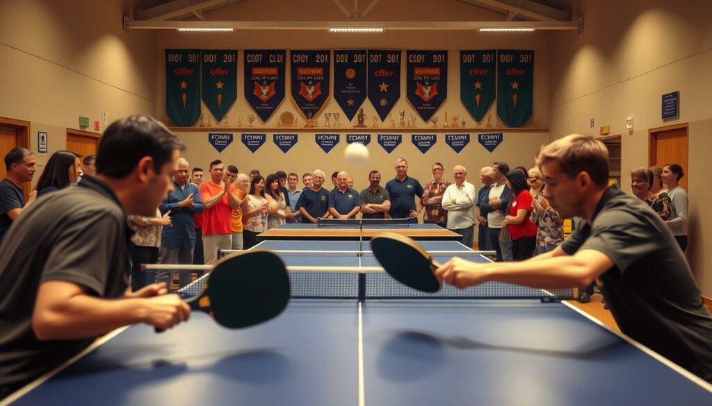 A vibrant and dynamic scene of a table tennis match in a community sports hall. In the foreground, two players engaged in an intense rally, their rackets a blur as they return the ball with precision and skill. Surrounding them, a group of enthusiastic spectators, some cheering, others offering encouragement. The middle ground features a row of volunteers, diligently keeping score and ensuring the smooth running of the event. In the background, the walls are adorned with team banners and trophies, a testament to the club's rich history and the dedication of its members. Soft, warm lighting bathes the scene, creating a welcoming and inclusive atmosphere. The overall impression is one of community, camaraderie, and the joy of participating in a beloved sport.