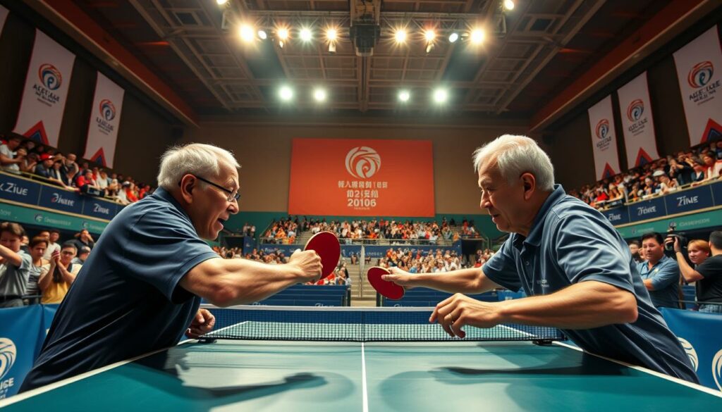 A vibrant and energetic scene of senior table tennis players competing in the World Championships. In the foreground, two elderly athletes engage in a fierce rally, their skilled movements captured by a high-speed camera. The middle ground showcases a bustling arena, with spectators cheering enthusiastically from the stands. Overhead, brilliant spotlights cast a warm glow, highlighting the intensity of the competition. The background features the tournament logo and banners, creating a sense of grandeur and prestige. The composition captures the essence of the senior table tennis world championships, showcasing the passion, skill, and competitive spirit of the veteran players.