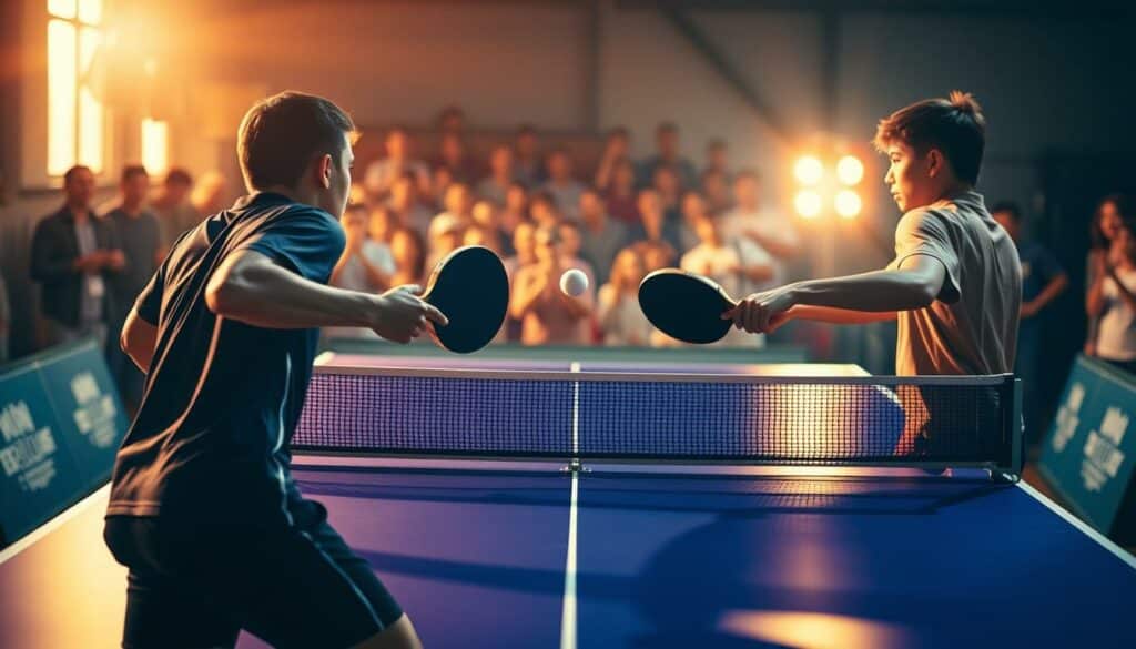 A vibrant table tennis doubles match, captured in a dynamic, cinematic composition. In the foreground, two players engage in a fierce rally, their bodies in motion, rackets poised to strike the ball. The middle ground features the table, its surface gleaming under warm, directional lighting that casts dramatic shadows. In the background, a blurred, out-of-focus crowd cheers on the intense display of skill and strategy. The scene exudes a sense of energy, competition, and the unique challenges of doubles play in table tennis.
