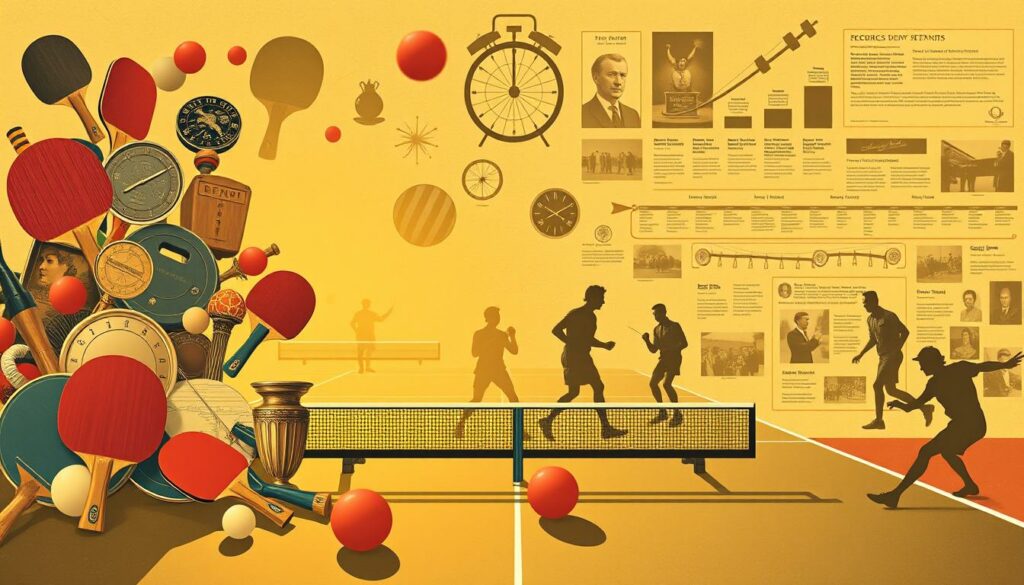 A vibrant, vintage-inspired illustration showcasing the evolution of table tennis scoring methods throughout history. Set against a warm, sepia-toned backdrop, the foreground features an array of iconic ping-pong paddles, balls, and scoring devices from different eras, arranged in a dynamic, collage-like composition. The middle ground depicts silhouetted players engaged in friendly matches, while the background showcases a tapestry of archival images, historical records, and timelines tracing the development of the sport's scoring systems. Warm lighting casts a nostalgic glow, evoking a sense of timelessness and the rich tapestry of table tennis heritage.