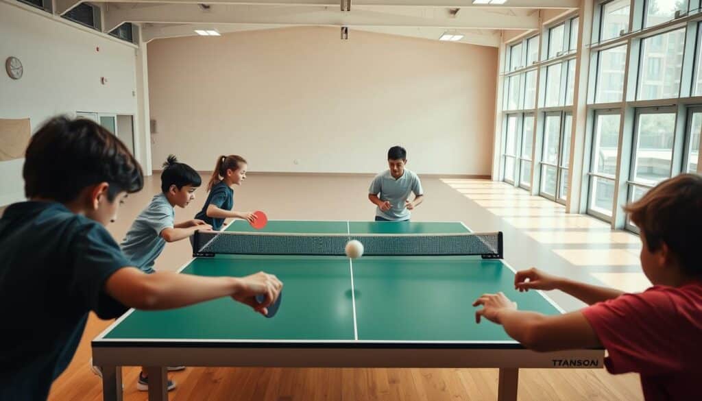 A well-lit, high-angle shot of a table tennis training session, showcasing a group of young, focused athletes honing their skills on the table. The foreground features several players in dynamic poses, their faces determined as they intently return the ball. The middle ground reveals a coach observing and providing guidance, their hands gesturing as they offer feedback. In the background, a spacious, modern training facility with large windows allowing natural light to stream in, creating a warm, energetic atmosphere. The court is meticulously maintained, with clean lines and a vibrant green surface that stands out against the neutral tones of the walls. An overall sense of dedication, discipline, and the nurturing of young talent permeates the scene.