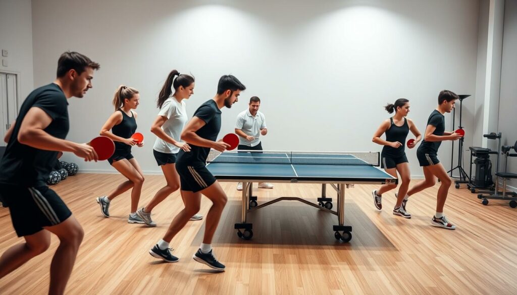 A well-lit indoor table tennis training session, captured with a wide-angle lens. In the foreground, a group of athletes performing dynamic footwork drills, their bodies in motion as they rapidly move side to side, their expressions focused and determined. In the middle ground, a coach observes and provides feedback, offering guidance and encouragement. The background features a regulation-size table tennis table, the net taut and the surface gleaming, surrounded by training equipment and a neutral, minimalist setting that emphasizes the intensity of the workout. The scene conveys a sense of discipline, energy, and a pursuit of improved cardiovascular fitness through the practiced techniques of the sport.