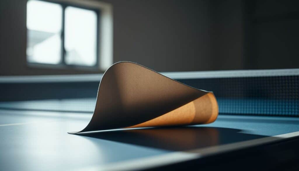 A well-lit table tennis table set against a blurred background, with a close-up view of a hand carefully peeling off a worn table tennis rubber and revealing the fresh, pristine material underneath. The lighting casts dramatic shadows, highlighting the textures and details of the rubber. The scene conveys a sense of purpose and attention to maintaining the equipment for optimal performance. The overall atmosphere is one of thoughtful, technical focus.
