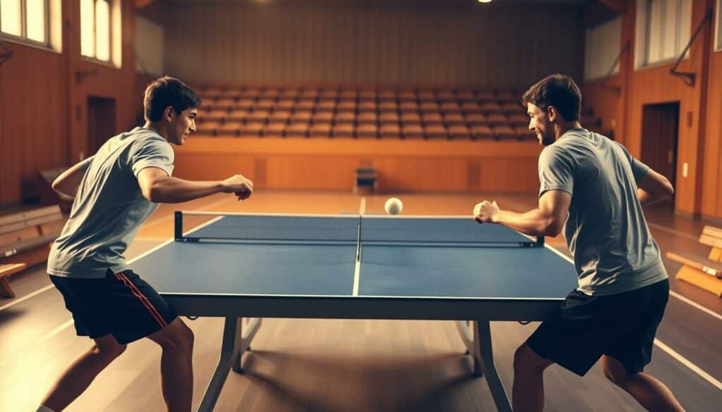 An indoor table tennis arena, with two players engaged in a lively doubles match. The table is positioned in the center, with a net dividing the playing surface. The players, dressed in sports attire, move with agility and precision, their hands expertly maneuvering the small, lightweight ball across the table. The lighting is warm and natural, casting a soft glow over the scene. The background features subtle details, such as spectator seating and court markings, creating a sense of depth and immersion. The overall atmosphere exudes a competitive yet playful energy, capturing the essence of the "Doppelspiel und Handspiel" section of the article.